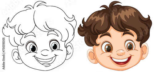 Vector transformation of a boy's face from sketch to color