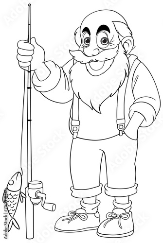 Smiling cartoon fisherman holding a fishing rod and fish.