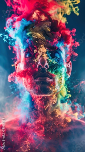 The image features a close-up portrait of a person's face surrounded by vibrant swirls of multi-colored smoke. The smoke, in hues of red, blue, yellow, and green, appears to emanate from around the pe