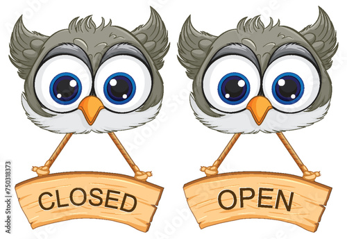 Cartoon owls with signs showing open and closed status.