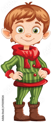 Cheerful elf character in holiday-themed outfit.