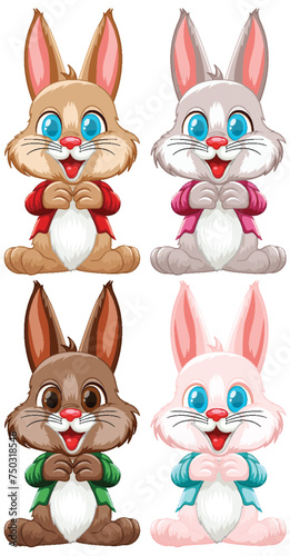 Four cute bunnies with different colored clothes.