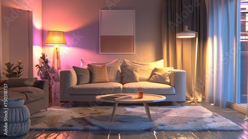 Living room interior with comfortable furniture, coffee tables and floor lamp. Empty wall mock up. 3D render. 3D illustration.