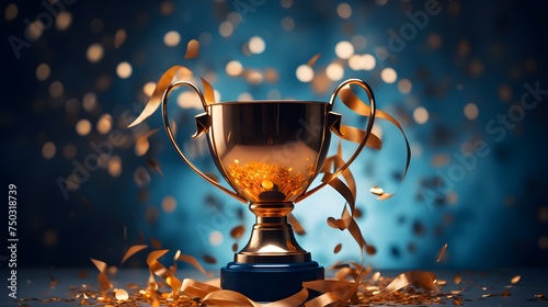 Golden trophy and streamers on blue background.