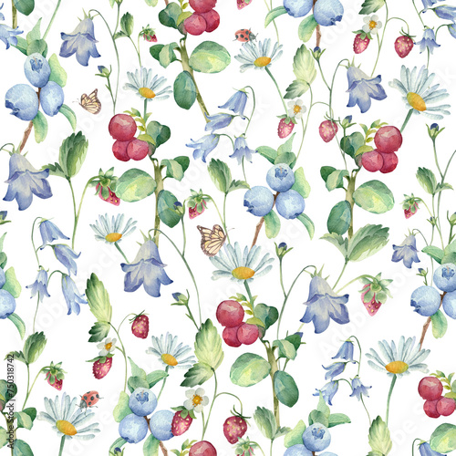 Watercolor seamless pattern with wild berries and flowers © filipok1988