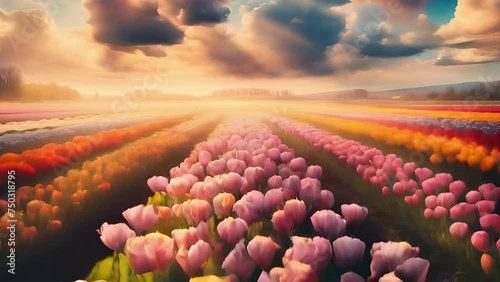 Aerial drone video footage of A field of tulips in different color under a blue sky on spring season with 3d animation style, dreamy and fantasy. photo