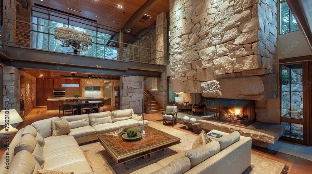 Luxurious living area with natural stone fireplace Fireplace on a natural stone wall