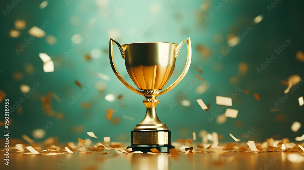 Golden trophy and streamers on green background. Golden trophy and streamers on green background.