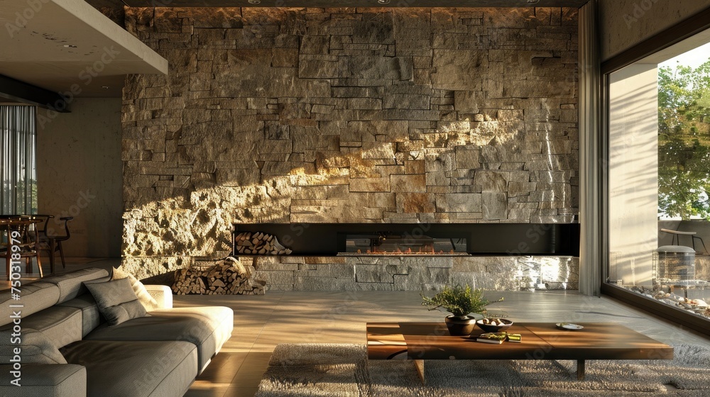 Luxurious living area with natural stone fireplace Fireplace on a natural stone wall Luxurious living area with natural stone fireplace Fireplace on a natural stone wall