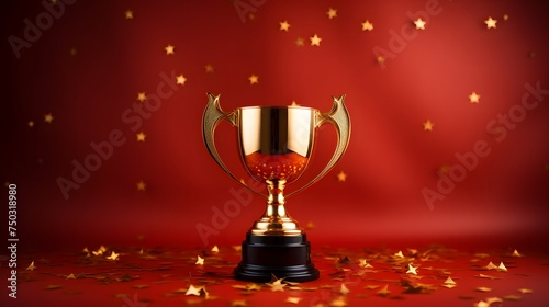 Golden trophy and streamers on red background.