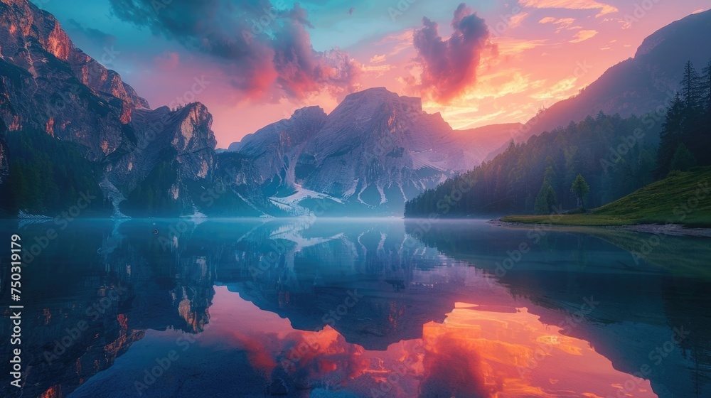 The first light of sunrise sets the sky ablaze with color over a tranquil mountain lake - obrazy, fototapety, plakaty 