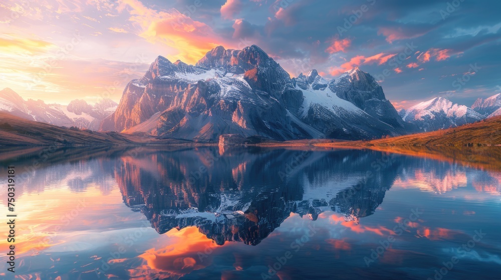 The first light of sunrise sets the sky ablaze with color over a tranquil mountain lake - obrazy, fototapety, plakaty 