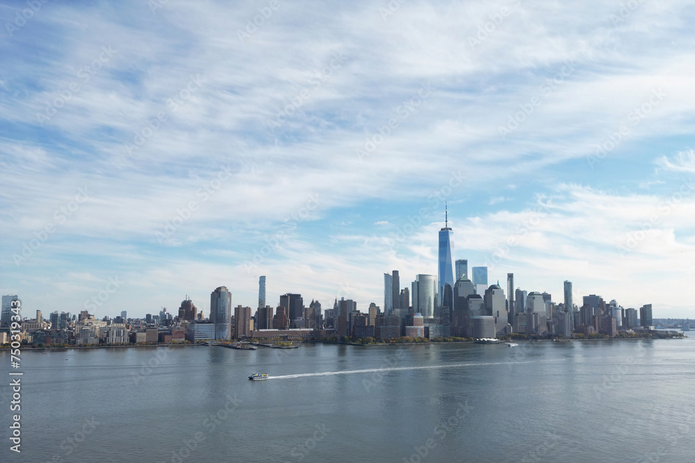 New York skyline from drone. New York Manhattan over the Hudson river. New York cityscape, aerial view. New York downtown skyline with urban skyscrapers.