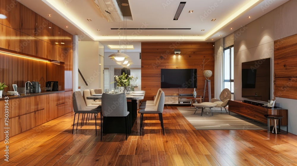 Modern Living Room And Dining Room With Television Set And Parquet Floor