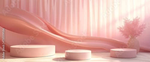 Serene minimalist scene with pink-hued curtains, sunbeams, and delicate floral accents, ideal for branding and product displays.