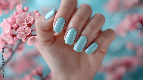 Glamour woman hand with ice blue color nail polish manicure on fingers   close up for cosmetic advertising. generative ai