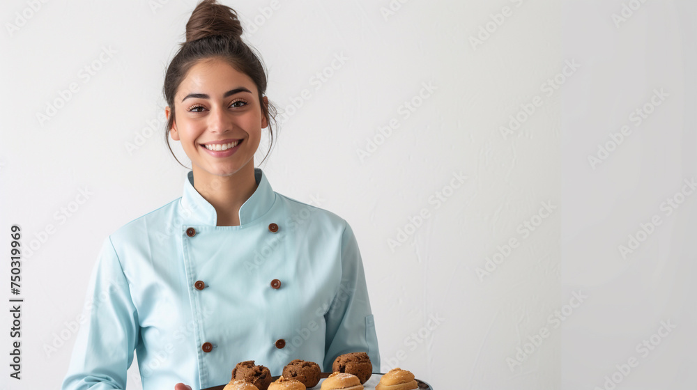 A female chef with a warm smile, holding a tray of freshly baked goods, her sky blue uniform crisp against the simplicity of a white background - obrazy, fototapety, plakaty 