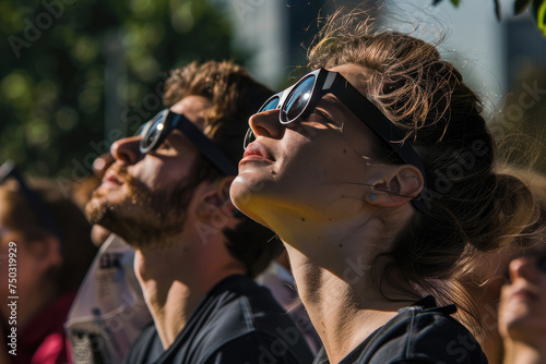 People wearing protective eye gear while looking at a solar eclipse photo
