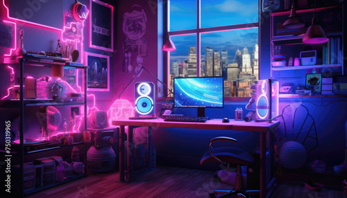 Neon Gaming Setup PC Gamer Room Streamer Station photo