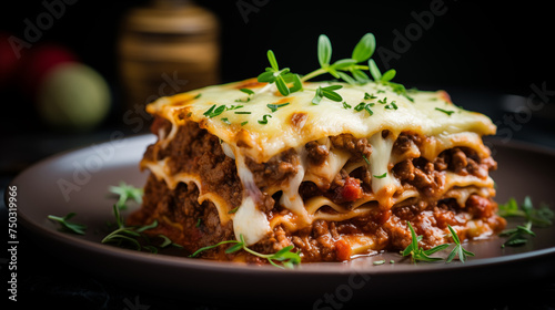A luscious beef lasagna showcased on a modern glass plate with sleek, reflective surfaces, set against a backdrop of high-tech, glossy black countertops.
