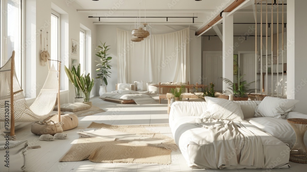 Stylish Scandinavian modern white cozy eco interior in minimalist style.Modern home decor. Open space