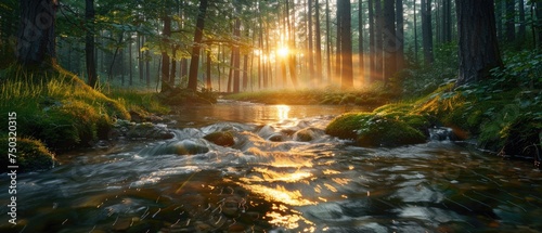 The gentle flow of a forest stream captures the ethereal light of dawn  with sunbeams piercing through the canopy. The tranquility of the scene is palpable in the soft glow on the water s surface