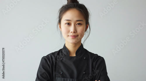 A portrait of a female chef radiating warmth and expertise, her black uniform immaculate against a backdrop of pure white photo