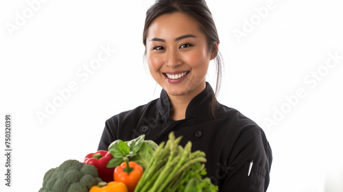  portrait of a female chef smiling brightly while working with fresh produce  her black uniform reflecting her passion for cooking against a plain white background