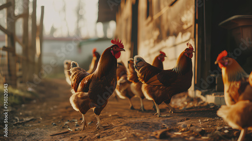 A majestic rooster stands prominently among a flock of chickens in a sunlit farmyard setting.
 photo