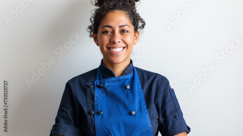 An image of a proud woman cook with a flawlessly fitted blue suit against a smooth white background