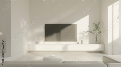 White wall mounted tv on cabinet in living room with leather sofa,minimal design.3d rendering