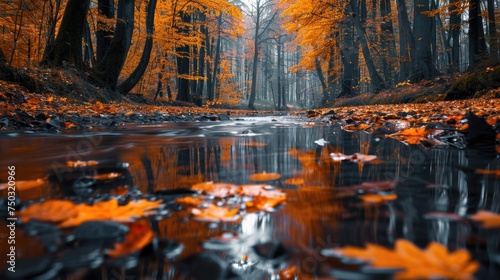 A forest in autumn splendor, with fallen leaves floating on a mirrored pond, capturing the essence of the season in a tranquil tableau. The crisp atmosphere adds a vivid richness to the scene