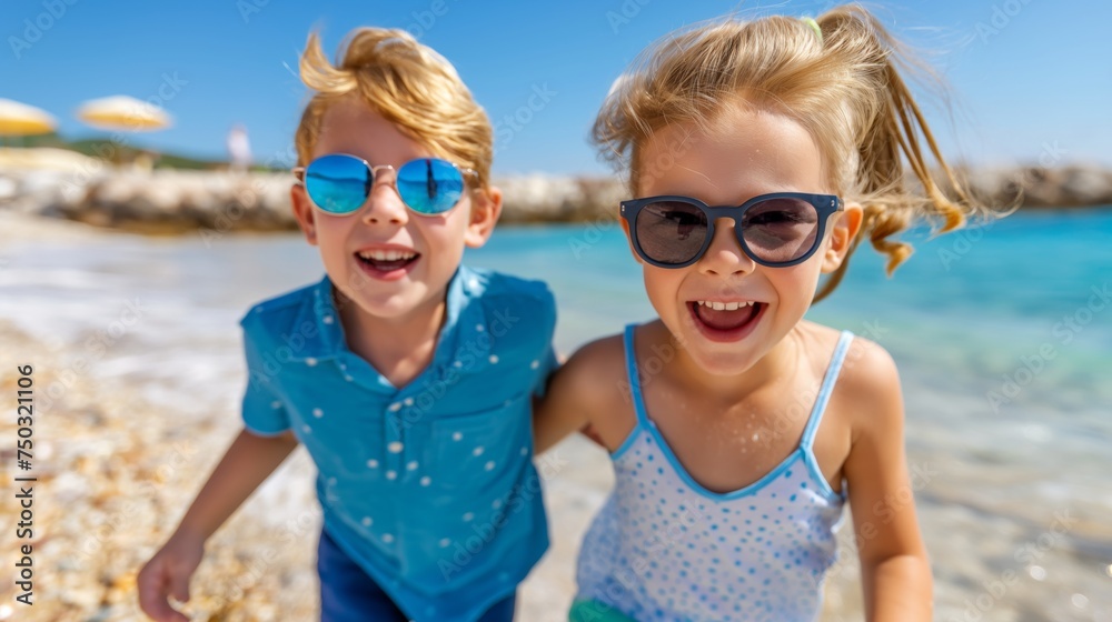 Two kids playing on the beach on summer holidays with beautiful seascape, sand, and blue sky. Two kids playing on the beach on summer holidays with beautiful seascape, sand, and blue sky.