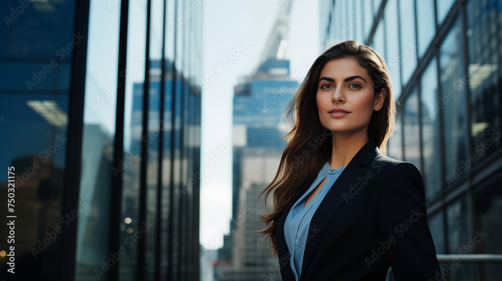 A young, beautiful businesswoman in a stylish business suit stands confidently outside an office building, her captivating smile and direct gaze exuding success.
A young, beautiful businesswoman in a stylish business suit stands confidently outside an office building, her captivating smile and direct gaze exuding success.