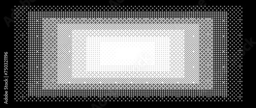 Pixelated gradient rectangle frame. Black dithered central gradation texture. Retro bitmap game background. Halftone 8 bit wallpaper. Vintage rectangular pixel art border. Vector vanishing backdrop