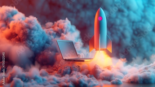 3d render rocket launch on computer laptop. new business start-up ideas. learning knowledge creativity. business success concept. 3d rendering illustration cartoon minimal style.