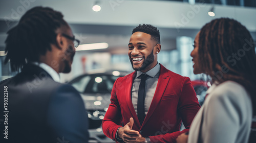 Amidst the gleaming cars of a showroom, a happy multiracial couple stands hand in hand, receiving the keys to their new car from a smiling saleswoman. photo