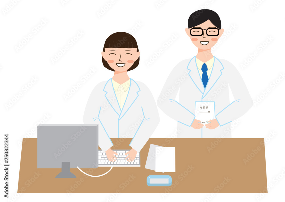 白衣を着てパソコンをする女性と内服薬を持っている男性