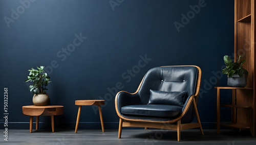 Chairs and table in the room. Stylish Modern living room on empty dark blue wall background.