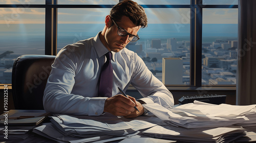 Within the energetic ambiance of his office, a young man lawyer and notary expertly manages his workload, seamlessly switching between tasks and communication.