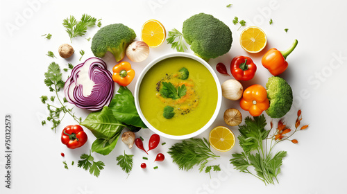A clean white background to emphasize freshness and purity the healthy food, featuring a nourishing vegetarian soup their colors popping against the backdrop, from the bowl.