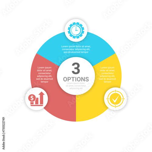 Circle business infographic template with 3 steps or options. The concept can be used for diagram, graph, chart, business presentation or web. Vector design element illustration.