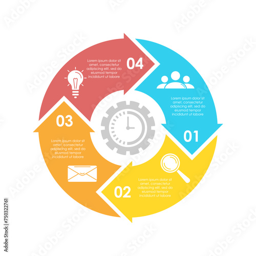 Circle business infographic template with 4 steps or options and arrows. The concept can be used for diagram, graph, chart, business presentation or web. Vector design element illustration.