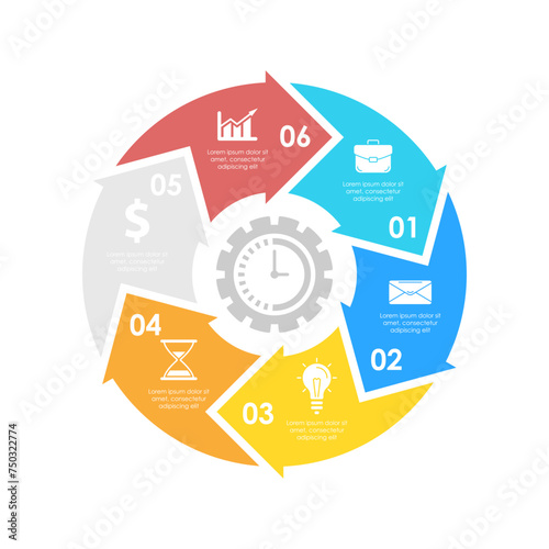 Circle business infographic template with 6 steps or options and arrows. The concept can be used for diagram  graph  chart  business presentation or web. Vector design element illustration.