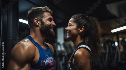 As they exit the gym, a happy athletic couple shares a moment of triumph, their bodies glistening with sweat and adrenaline, the sound of upbeat music spilling out from the gym doors.