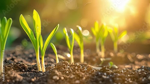 Vibrant green shoots poke through the soil reaching towards the warm sunlight above. The tip of each sprout is delicately coated in fine grains of dirt a sign of their strong photo