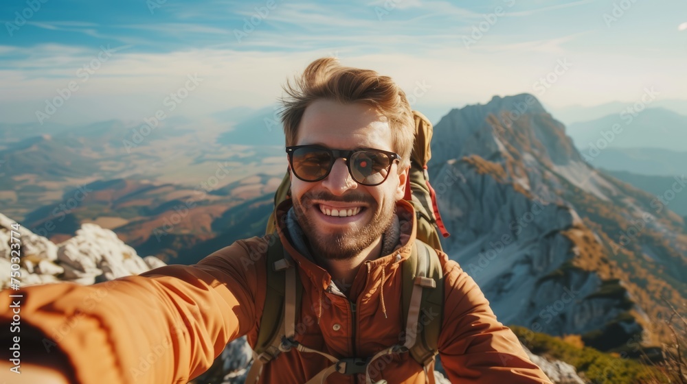 Elated hiker grins on a mountain peak selfie. Sunlight bathes him in golden light, while breathtaking scenery stretches behind.