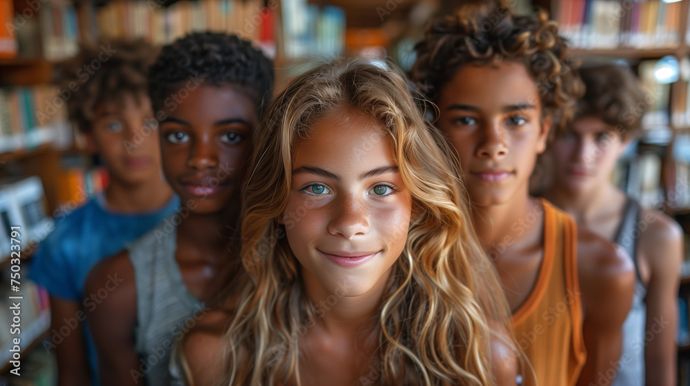 Group of radiant youths, the library's labyrinth of knowledge unfolding behind them. Group of radiant youths, the library's labyrinth of knowledge unfolding behind them.