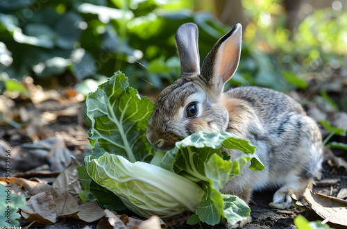 Fluffy Rabbit Enjoys Crunchy Cabbage Leaf © Yi_Studio