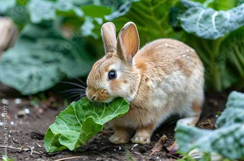 Fluffy Rabbit Enjoys Crunchy Cabbage Leaf